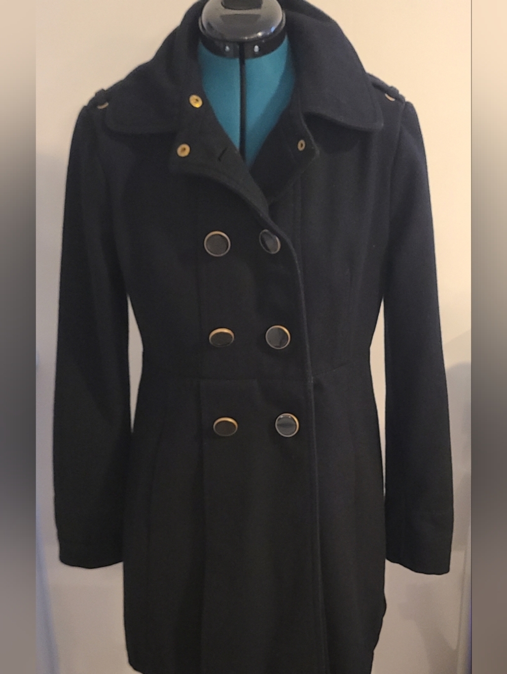 Kenneth Cole New York Double Breasted Military Pea Coat, Button Up, Black, 8
